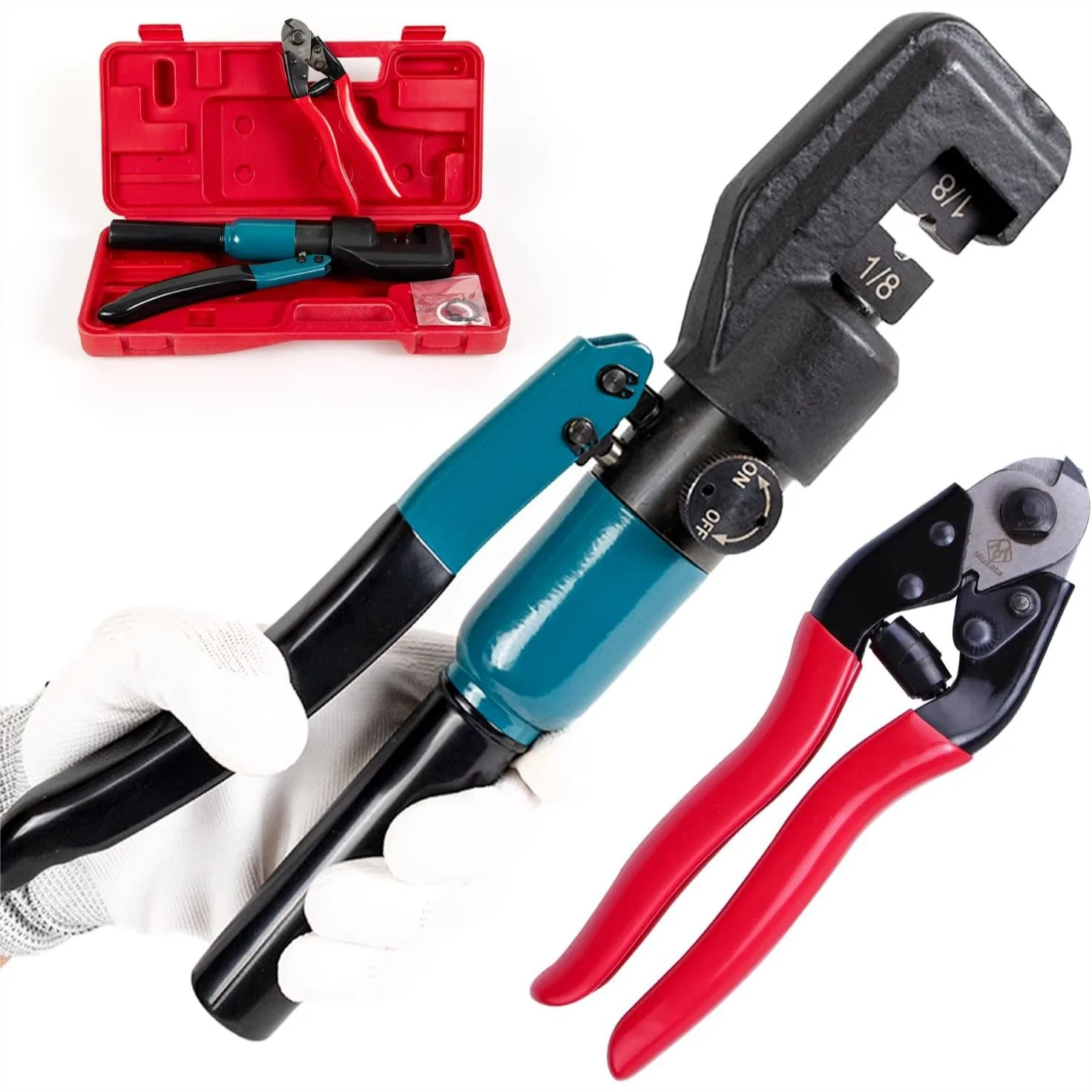 Hydraulic Cable Railing Crimping Tool for 1/8" Stainless Steel Wire Rope Swaging with Wire Cutter
Hydraulic Cable Railing Crimping Tool for 1/8" Stainless Steel Wire Rope Swaging with Wire Cutter