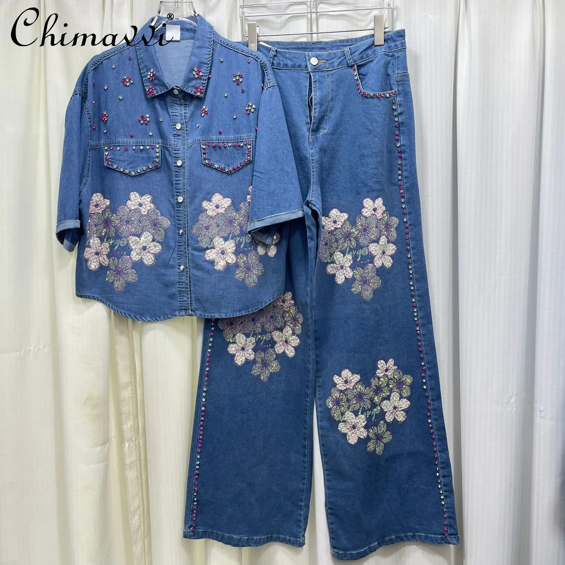 European Heavy Colorful Rhinestone Floral Embroidered Denim Set Women's Summer Fashion Short-sleeve Shirt Wide-leg Pants 2pcs
European Heavy Colorful Rhinestone Floral Embroidered Denim Set Women's Summer Fashion Short-sleeve Shirt Wide-leg Pants 2pcs