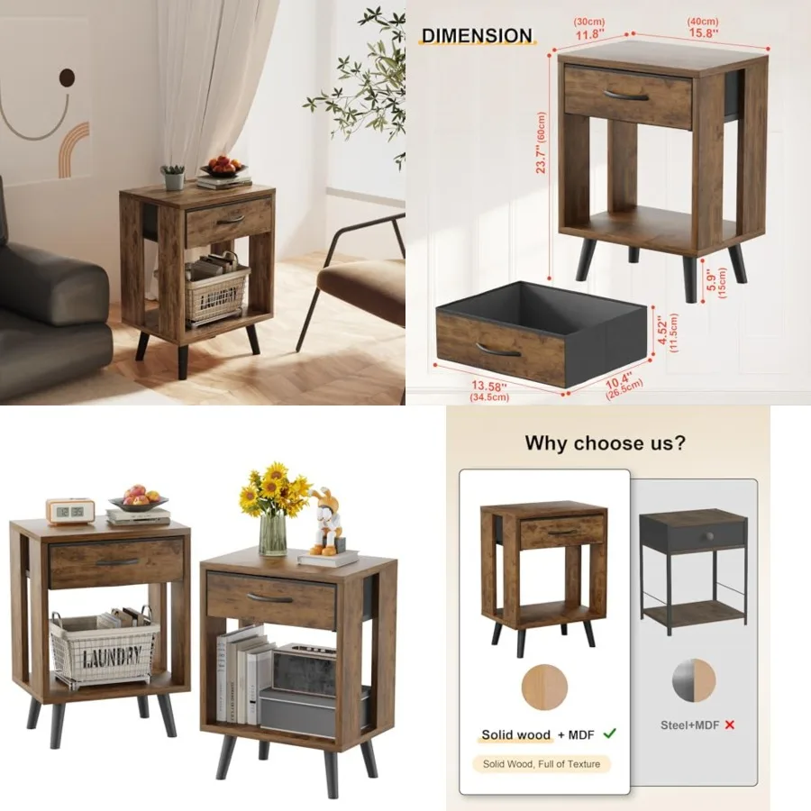 Nightstand Set of 2 with Fabric Drawers and Open Shelves, Bedside Table Set - Dark Rustic Brown Bedroom Side Tables
Nightstand Set of 2 with Fabric Drawers and Open Shelves, Bedside Table Set - Dark Rustic Brown Bedroom Side Tables
