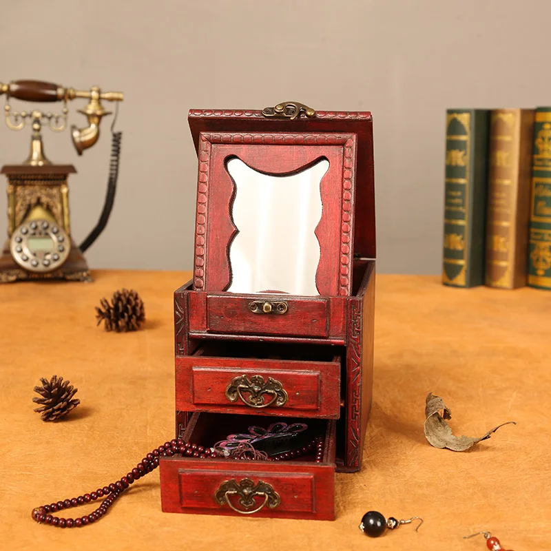 Ancient Chinese Style Jewelry Box Multi-Layer Storage Box Retro Wood Drawer Vanity Box Small with Mirror for Wedding
Ancient Chinese Style Jewelry Box Multi-Layer Storage Box Retro Wood Drawer Vanity Box Small with Mirror for Wedding
