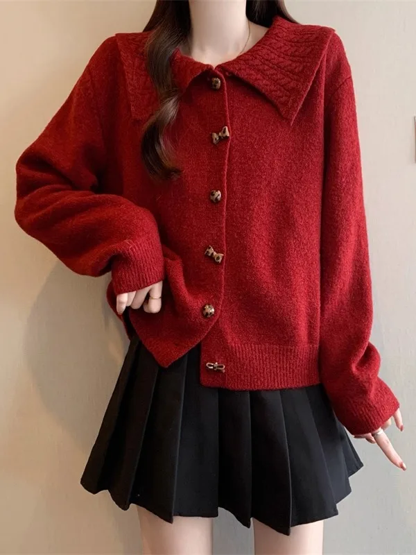Red Knitted Loose Lazy Sle Doll Collar Sweater Coat Women's Autumn Winter New Korean Sle Fenixuan Brand Inner Wear
Red Knitted Loose Lazy Sle Doll Collar Sweater Coat Women's Autumn Winter New Korean Sle Fenixuan Brand Inner Wear