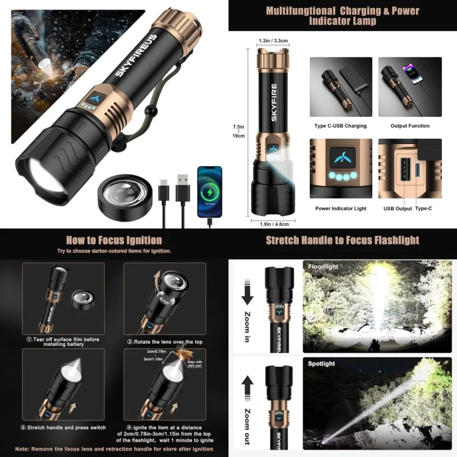 LED Flashlights High Lumens with Ignition Lens, 3000lm Super Bright Rechargeable Flashlight, Zoomable, 4 Modes, Waterproof Tact
LED Flashlights High Lumens with Ignition Lens, 3000lm Super Bright Rechargeable Flashlight, Zoomable, 4 Modes, Waterproof Tact
