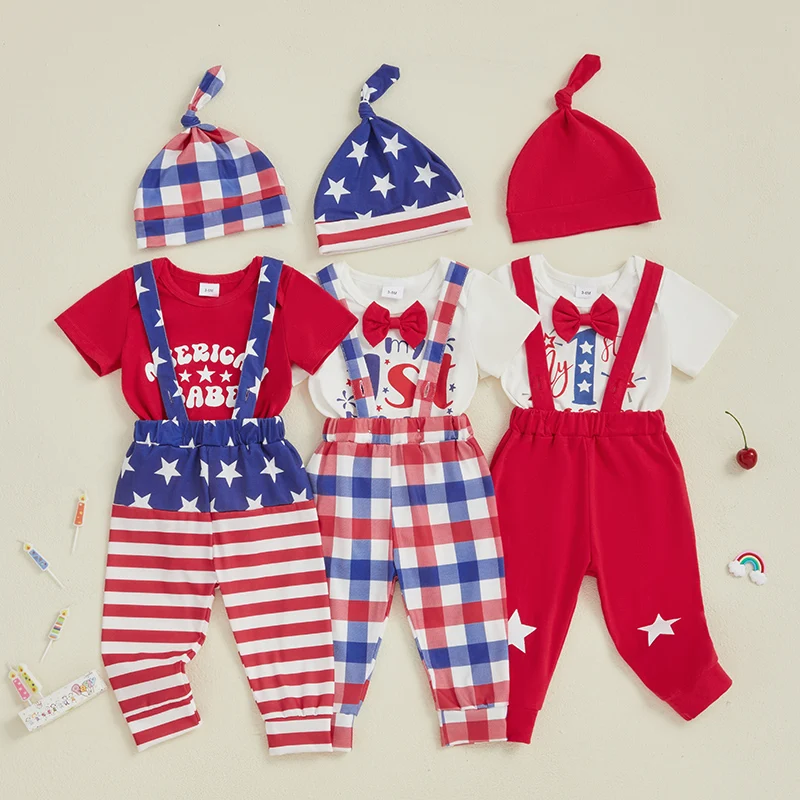 VISgogo Baby Boy 4th of July Outfit Letter Star Short Sleeve Romper Suspender Pants Knotted Hat 3 Pcs Summer Set
VISgogo Baby Boy 4th of July Outfit Letter Star Short Sleeve Romper Suspender Pants Knotted Hat 3 Pcs Summer Set