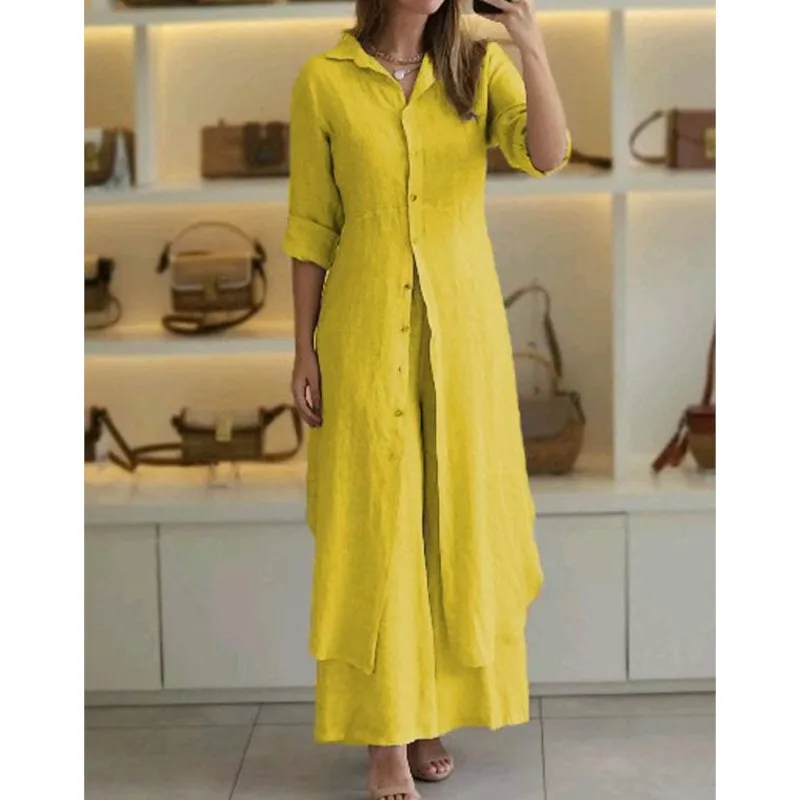 Elegant Lapel Single-breasted Long Shirt + Wide-leg Pants 2-piece Set Women Fashion Solid Color Waisted Office Shirt Suit Female
Elegant Lapel Single-breasted Long Shirt + Wide-leg Pants 2-piece Set Women Fashion Solid Color Waisted Office Shirt Suit Female