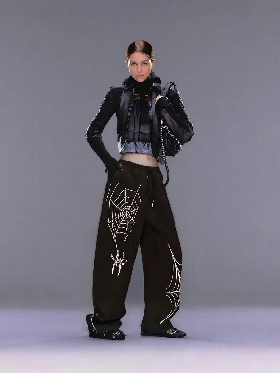 Womens Loose Wide Leg Straight Pants With Spiderweb Print Streetwear
Womens Loose Wide Leg Straight Pants With Spiderweb Print Streetwear
