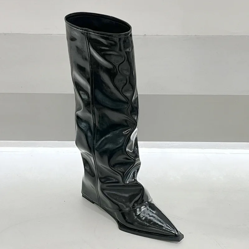 Women Patent Leather Pointed Toe Wedge Heel Wide Leg Slouch Knee High Boots Buckle Street Hot Girl Tall Tube Long Boots
Women Patent Leather Pointed Toe Wedge Heel Wide Leg Slouch Knee High Boots Buckle Street Hot Girl Tall Tube Long Boots