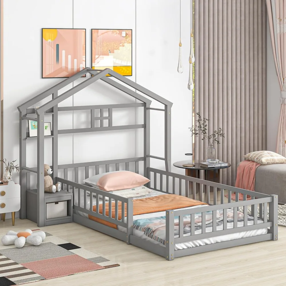 Children Beds, Twin Size Floor Bed with Bedside Stand,Kids Montessori Floor Bed with House-Shaped Headboard, Sturdy Bed Frame
Children Beds, Twin Size Floor Bed with Bedside Stand,Kids Montessori Floor Bed with House-Shaped Headboard, Sturdy Bed Frame