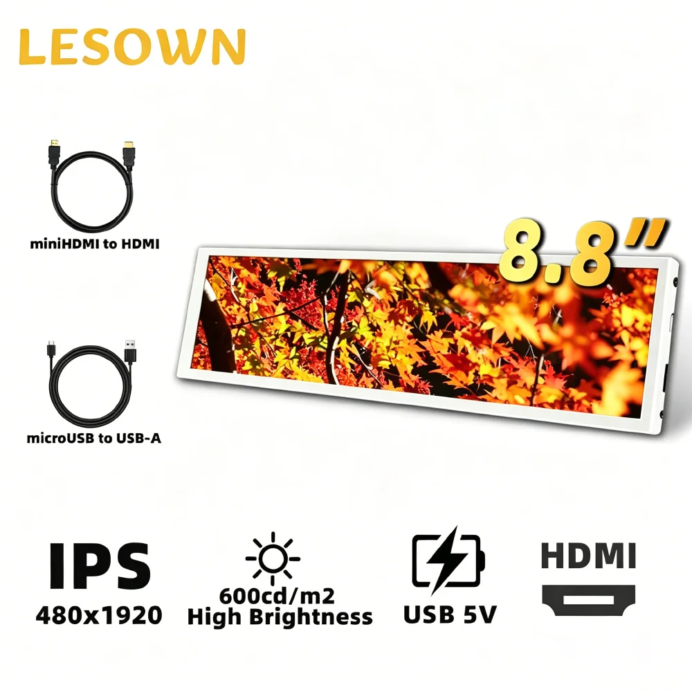 8.8 Inch 480x1920 Long Strip Bar Monitor PC Laptop Secondary Screen 5V USB HDMI High Brightness Eye Care Metal
8.8 Inch 480x1920 Long Strip Bar Monitor PC Laptop Secondary Screen 5V USB HDMI High Brightness Eye Care Metal