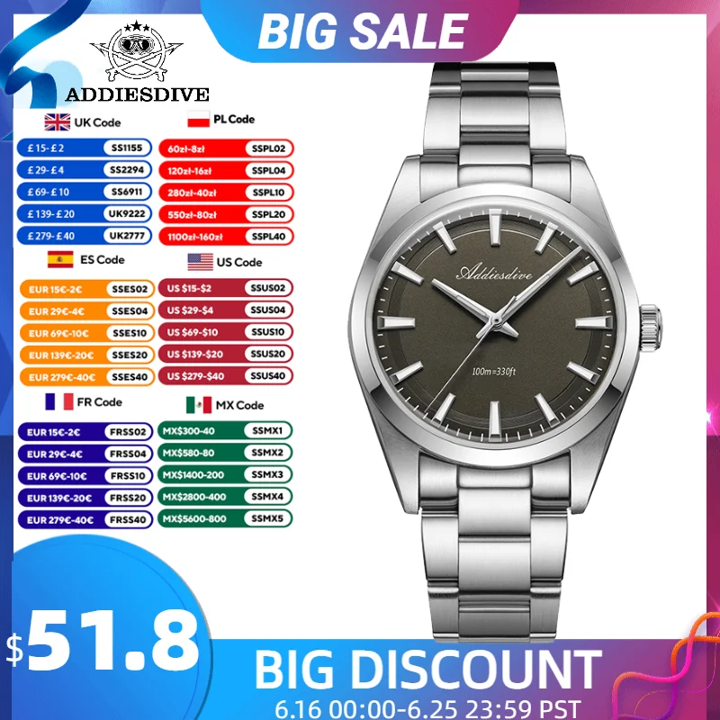 ADDIESDIVE 36mm Quartz Watch VH31 Starry Sky Gray Dial AR Coating 3D Scale 100m Diving 316L Stainless Steel Business Watch Man
ADDIESDIVE 36mm Quartz Watch VH31 Starry Sky Gray Dial AR Coating 3D Scale 100m Diving 316L Stainless Steel Business Watch Man