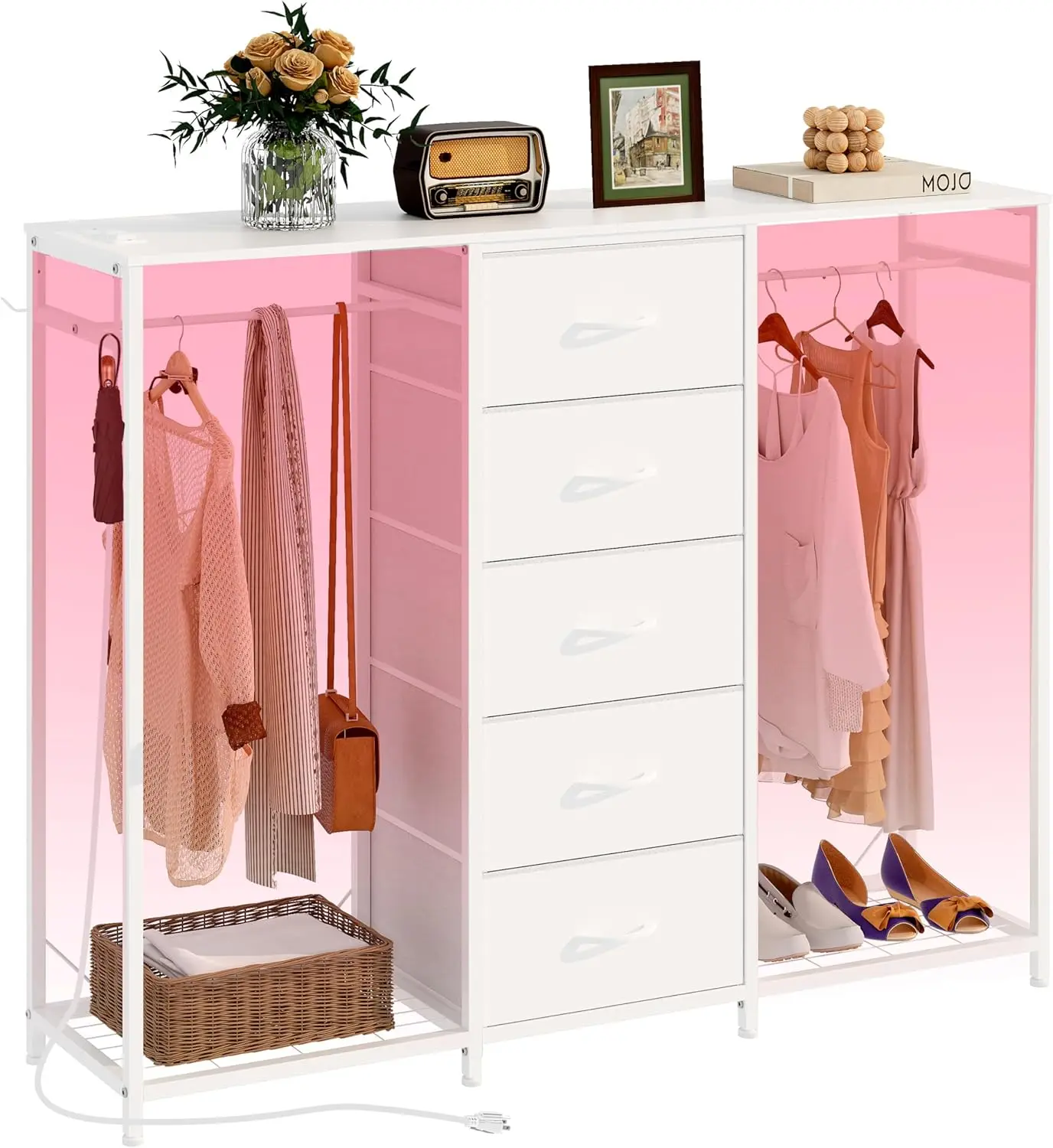 Dresser for Bedroom with Clothes Rack 5 Drawer Dresser with Charging Station LED Lights White Chest of Drawers Flexible Shelf
Dresser for Bedroom with Clothes Rack 5 Drawer Dresser with Charging Station LED Lights White Chest of Drawers Flexible Shelf