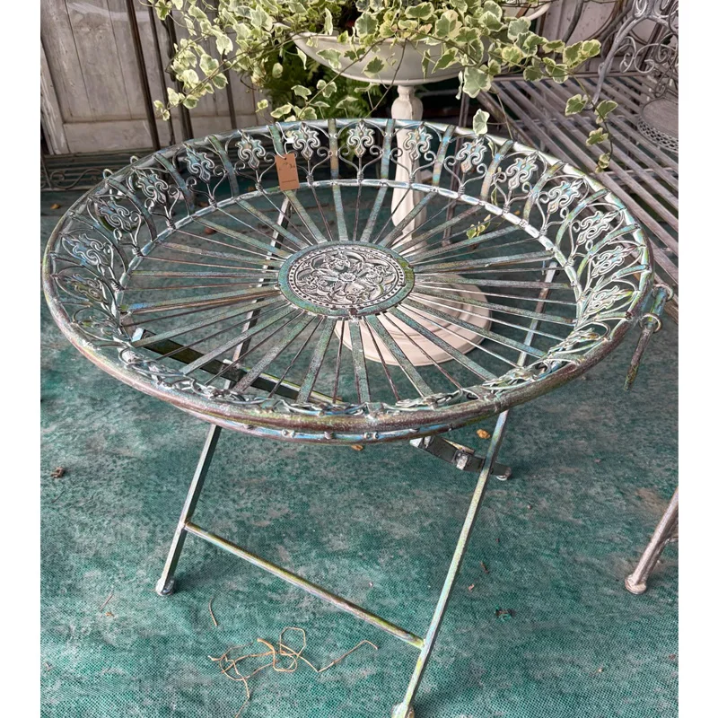 Vintage Metal Garden Tray, Decorative Folding Round Stand with Ornate Sunburst Design, Verdigris Patina Finish, 25.6 inch Diamet
Vintage Metal Garden Tray, Decorative Folding Round Stand with Ornate Sunburst Design, Verdigris Patina Finish, 25.6 inch Diamet