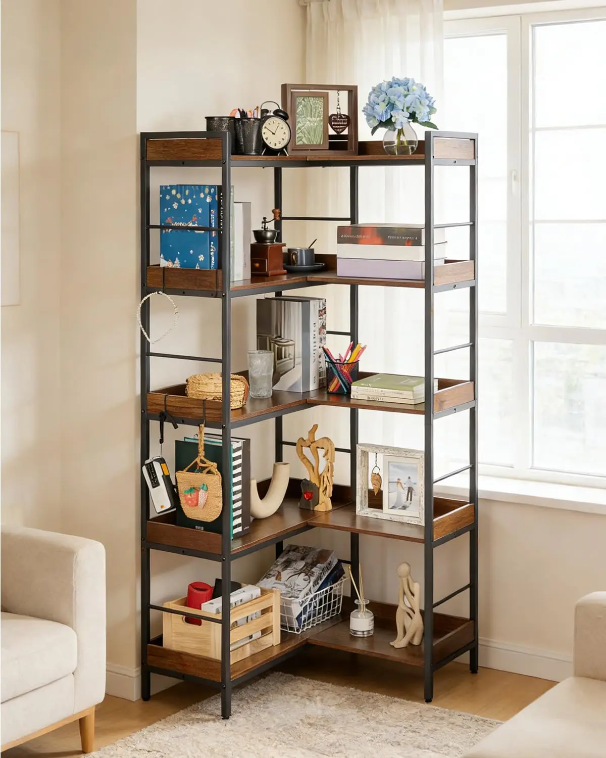 5 Tier Corner Bookshelf 65 Inch Tall L Shaped Storage Shelf With 4 Hooks 200lbs Capacity Industrial Metal Frame Wood Shelves
5 Tier Corner Bookshelf 65 Inch Tall L Shaped Storage Shelf With 4 Hooks 200lbs Capacity Industrial Metal Frame Wood Shelves
