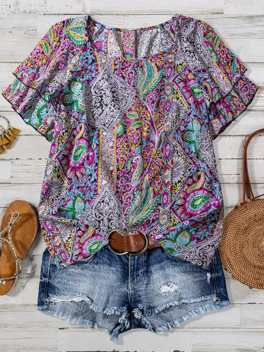 Womens Vacation Style Paisley Print Ruffle Sleeve Shirt Summer Casual Top
Womens Vacation Style Paisley Print Ruffle Sleeve Shirt Summer Casual Top