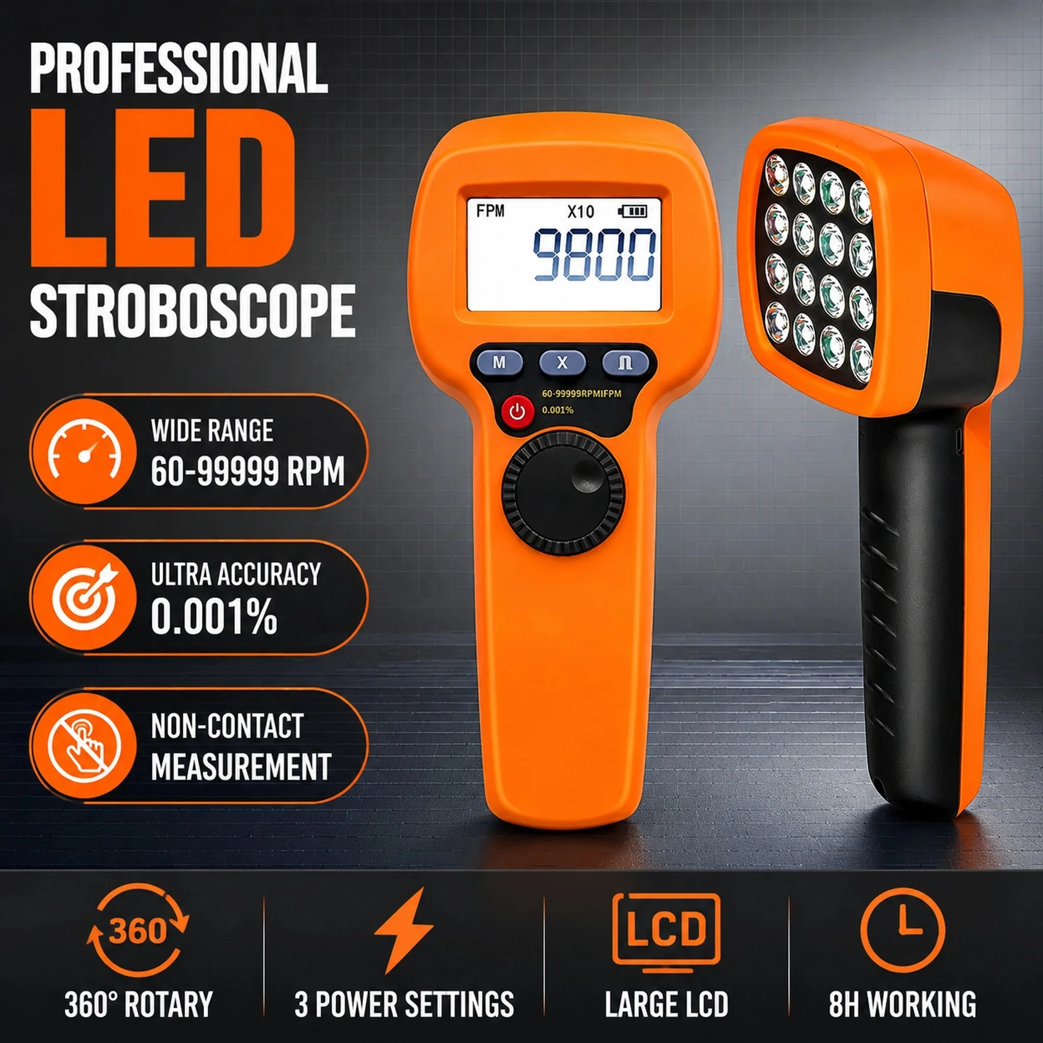 LED Stroboscope Tachometer 60-99999 RPM Non-Contact Speed Meter 0.001% Accuracy 360° Rotary Adjustment USB Rechargeable HP-DT10S
LED Stroboscope Tachometer 60-99999 RPM Non-Contact Speed Meter 0.001% Accuracy 360° Rotary Adjustment USB Rechargeable HP-DT10S