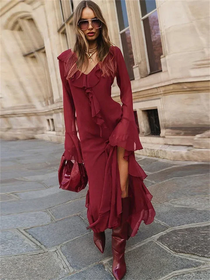 Fashion Mesh Ruffled Long Dress Women's V-Neck Loose High Waist Patchwork Elegant Party Dress Female Autumn Maxi Dress New
Fashion Mesh Ruffled Long Dress Women's V-Neck Loose High Waist Patchwork Elegant Party Dress Female Autumn Maxi Dress New