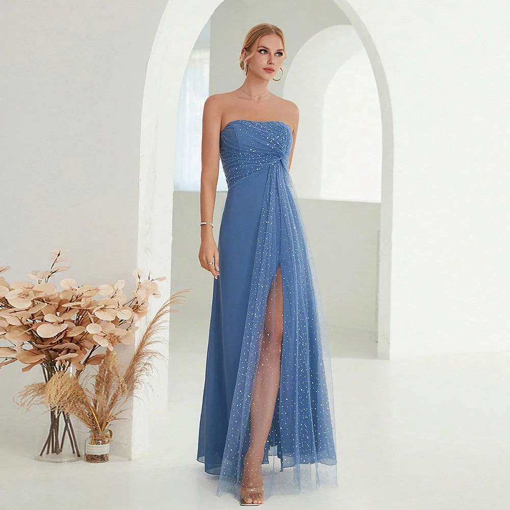 Simple Solid Blue Evening Dress Women's Strapless High Forked Elegant Patchwork Pleated Tulle Bridesmaid Dress Cocktail Vestido
Simple Solid Blue Evening Dress Women's Strapless High Forked Elegant Patchwork Pleated Tulle Bridesmaid Dress Cocktail Vestido