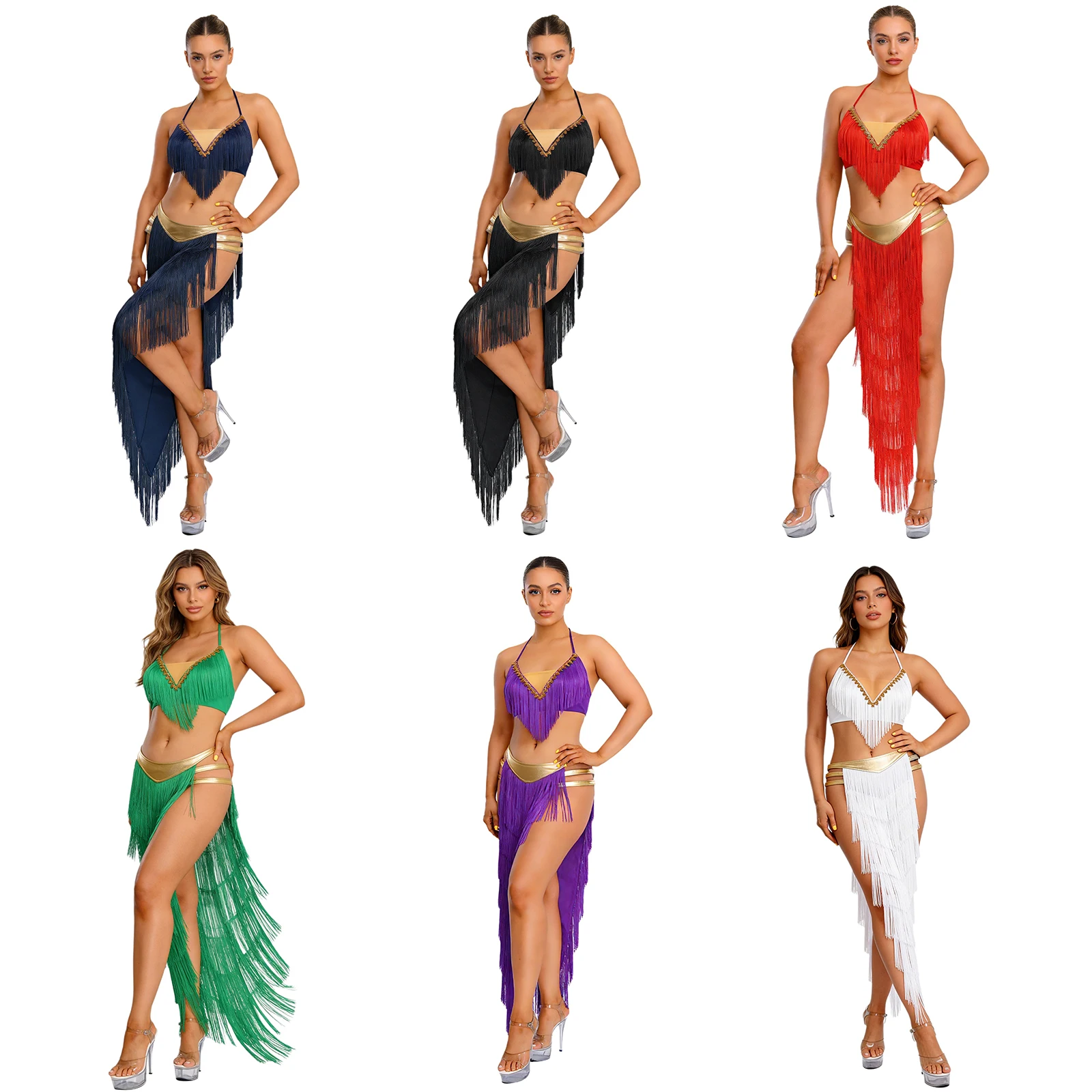 Womens Belly Dance Fringed Outfit Lace-up Halter Tassel Crop Top And Tiered Tassel Irregular Hem Slit Skirt Built-in Briefs
Womens Belly Dance Fringed Outfit Lace-up Halter Tassel Crop Top And Tiered Tassel Irregular Hem Slit Skirt Built-in Briefs