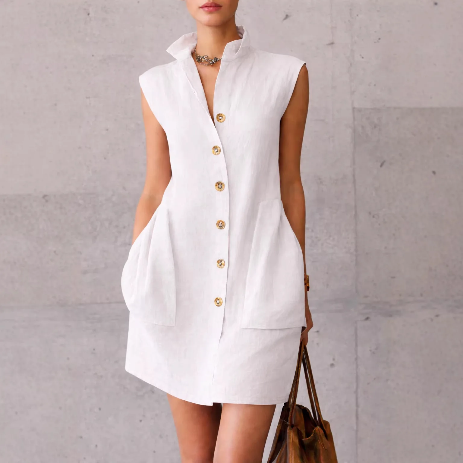 Summer Women's Elegant Sleeveless Shirt Dress Turn Down Collar Button Front Mini Dress With Pockets Casual Office Short Dress
Summer Women's Elegant Sleeveless Shirt Dress Turn Down Collar Button Front Mini Dress With Pockets Casual Office Short Dress