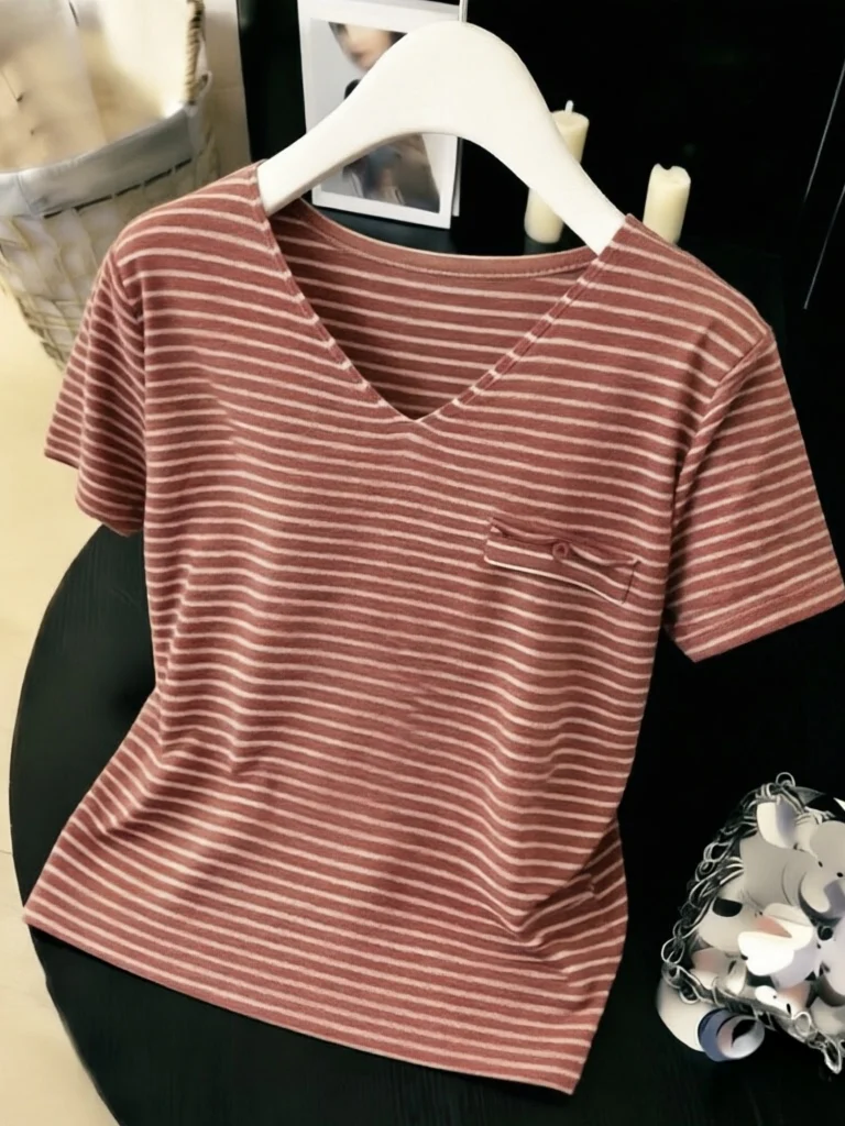 Loose V-Neck Striped Short Sleeve T-Shirt Women Summer Slimming Large Size Top Belly Concealing Knittedwear Korean Style
Loose V-Neck Striped Short Sleeve T-Shirt Women Summer Slimming Large Size Top Belly Concealing Knittedwear Korean Style