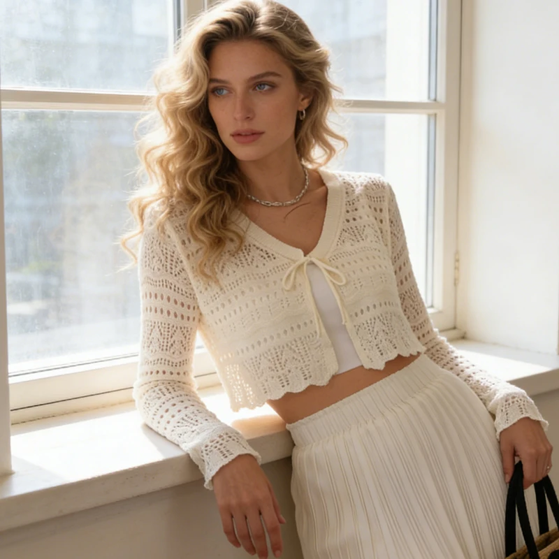 Knitted Women's Cardigan Summer Thin Hollow V-neck Drawstring Long Sleeve Air-conditioned Knitwear Solid Office Lady Cardigans
Knitted Women's Cardigan Summer Thin Hollow V-neck Drawstring Long Sleeve Air-conditioned Knitwear Solid Office Lady Cardigans
