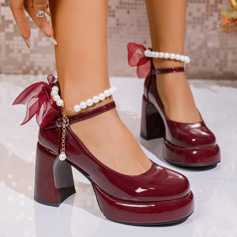 Wine Red Patent Leather Pumps Women Elegnt Pearls Ankle Strap Mary Janes Shoes for Woman Lolita Thick High Heel Party Shoes
Wine Red Patent Leather Pumps Women Elegnt Pearls Ankle Strap Mary Janes Shoes for Woman Lolita Thick High Heel Party Shoes
