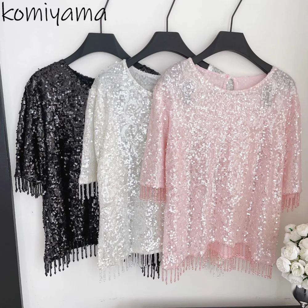 Ropa De Mujer 2021, женская одежда с блестками и кисточками, свободная одежда с круглым вырезом, летние майки с короткими рукавами, модные блестящие Roupas
Ropa De Mujer 2021, женская одежда с блестками и кисточками, свободная одежда с круглым вырезом, летние майки с короткими рукавами, модные блестящие Roupas