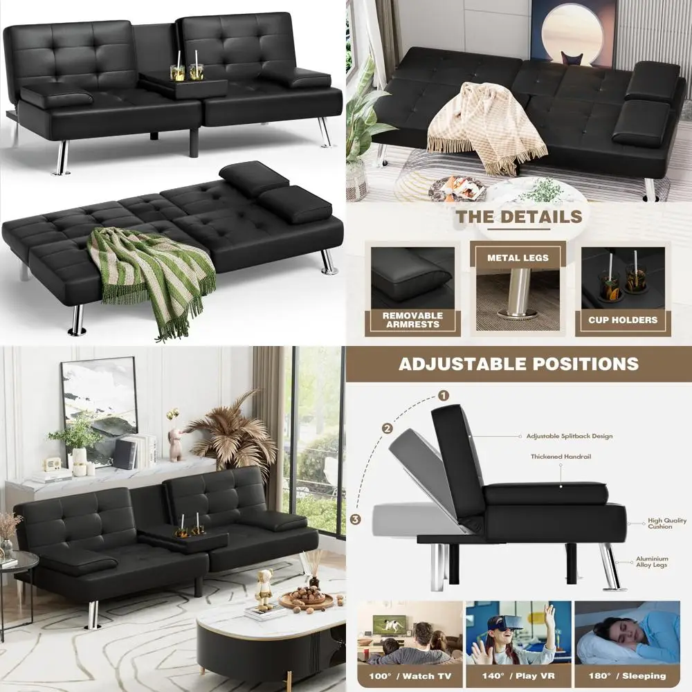 Leather Futon Sofa Bed with Removable Armrests, Adjustable Recliner Sleeper Sofa, Dual Cup Holders
Leather Futon Sofa Bed with Removable Armrests, Adjustable Recliner Sleeper Sofa, Dual Cup Holders