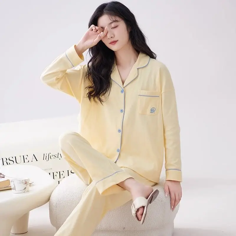 100% Cotton Pajamas Women's Autumn Winter Pyjamas Women Long-sleeved Trousers Sleepwear Cardigan Lapel Simple Loose Loungewear
100% Cotton Pajamas Women's Autumn Winter Pyjamas Women Long-sleeved Trousers Sleepwear Cardigan Lapel Simple Loose Loungewear