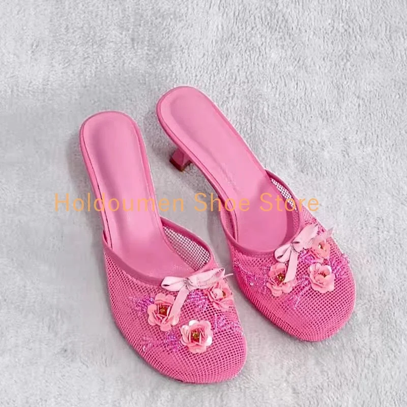 Pink Beaded Sequined Floral Decor Women's New Style Slippers Square Toe Hollow Breathable Mesh Slingback Sexy Stiletto Slippers
Pink Beaded Sequined Floral Decor Women's New Style Slippers Square Toe Hollow Breathable Mesh Slingback Sexy Stiletto Slippers