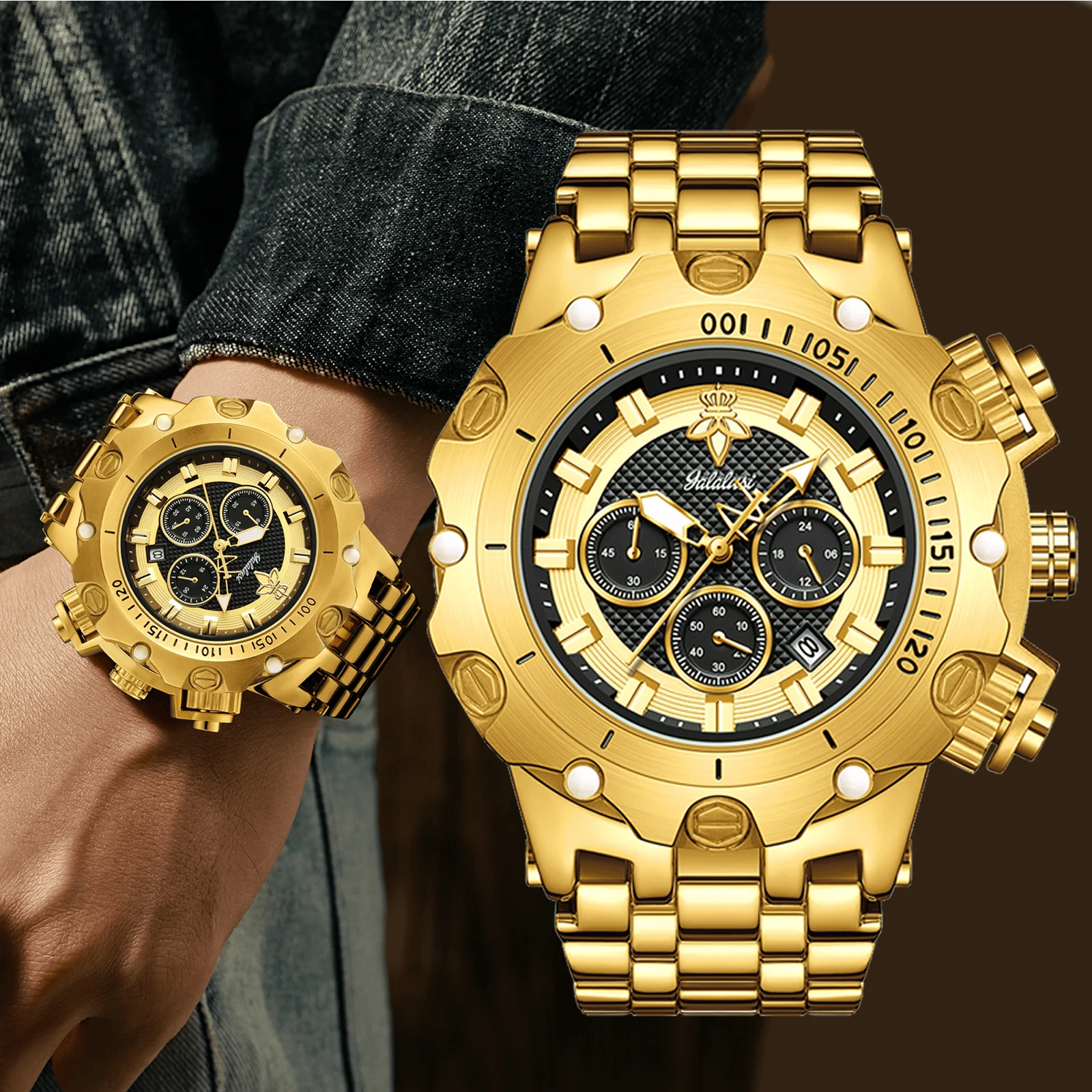 YaLaLuSi Men's Fashion Waterproof Sport Watch Gold Strap Luxury Multifunctional Atmospheric Dial Practical Free Shipping
YaLaLuSi Men's Fashion Waterproof Sport Watch Gold Strap Luxury Multifunctional Atmospheric Dial Practical Free Shipping