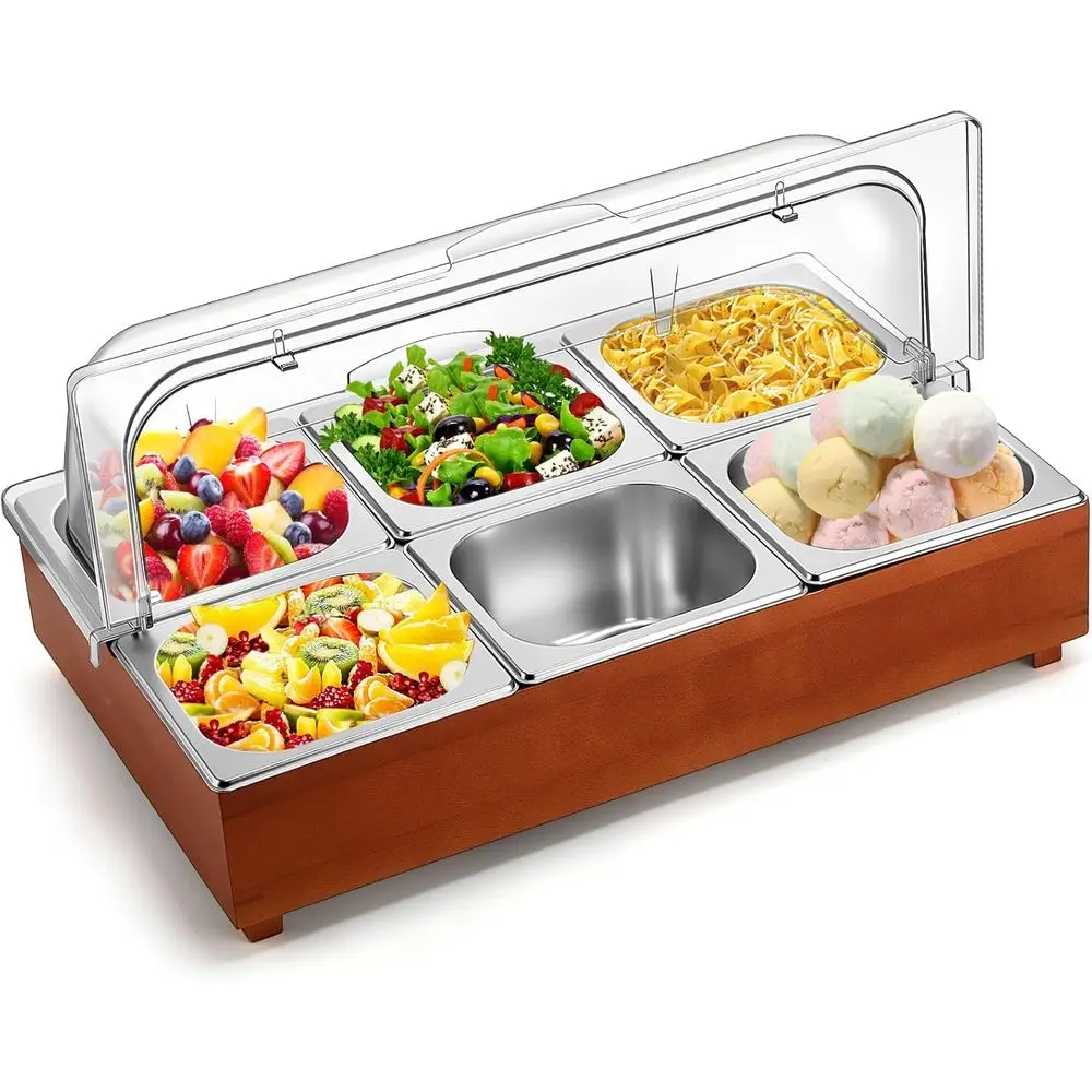 Countertop Ice Food Serving Display Tray with Clear Roll Top Cover Wooden Rack 6 Pans Salad Bar Buffet Station for Party Condime
Countertop Ice Food Serving Display Tray with Clear Roll Top Cover Wooden Rack 6 Pans Salad Bar Buffet Station for Party Condime