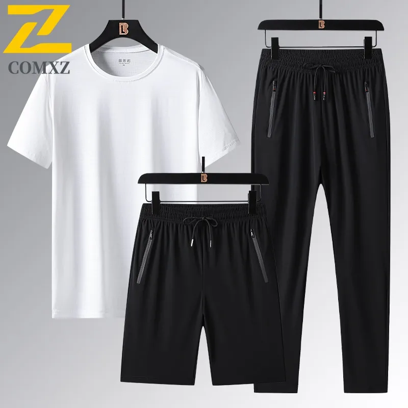 Mens Ice Silk Three Piece Tracksuit Summer Solid Color Short Sleeve T Shirt Long Pants Elastic Outdoor Casual Plus Size Outfit
Mens Ice Silk Three Piece Tracksuit Summer Solid Color Short Sleeve T Shirt Long Pants Elastic Outdoor Casual Plus Size Outfit