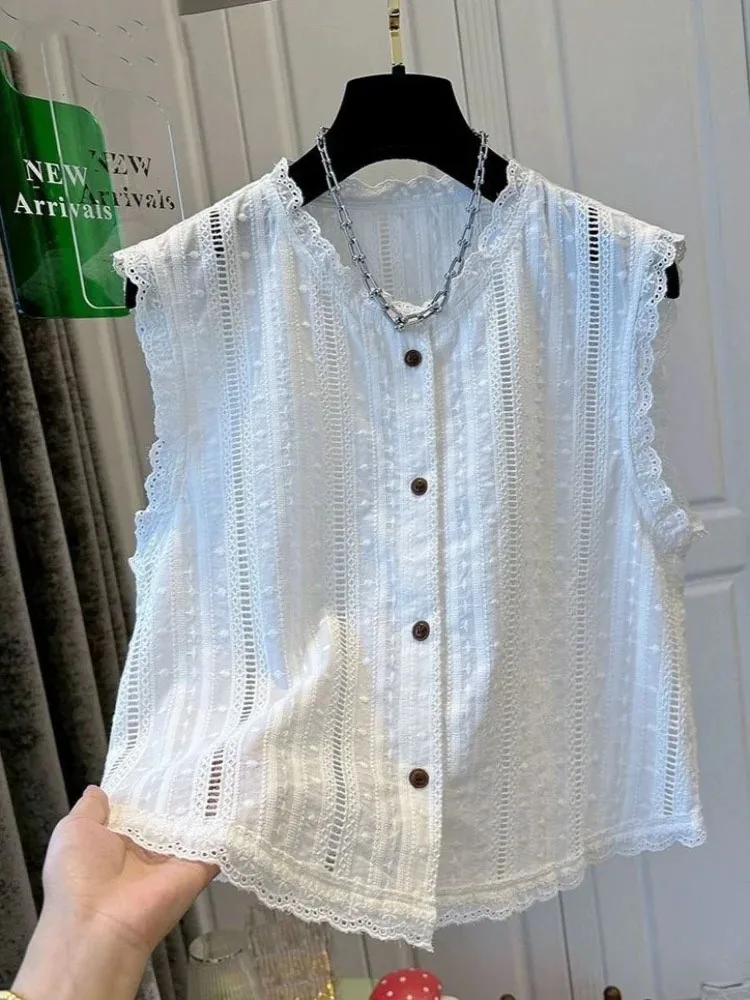 Sleeveless Korean Lace Patchwork Shirts Summer Hollow Out Fashion Blouses For Women O Neck All Match Blouses Camisas De Mujer
Sleeveless Korean Lace Patchwork Shirts Summer Hollow Out Fashion Blouses For Women O Neck All Match Blouses Camisas De Mujer