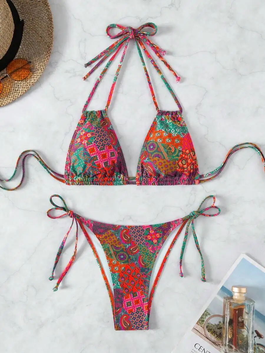 Womens Printed Halter Tie Bikini Set Multi Color Patchwork Pattern Summer Beach Swimwear
Womens Printed Halter Tie Bikini Set Multi Color Patchwork Pattern Summer Beach Swimwear