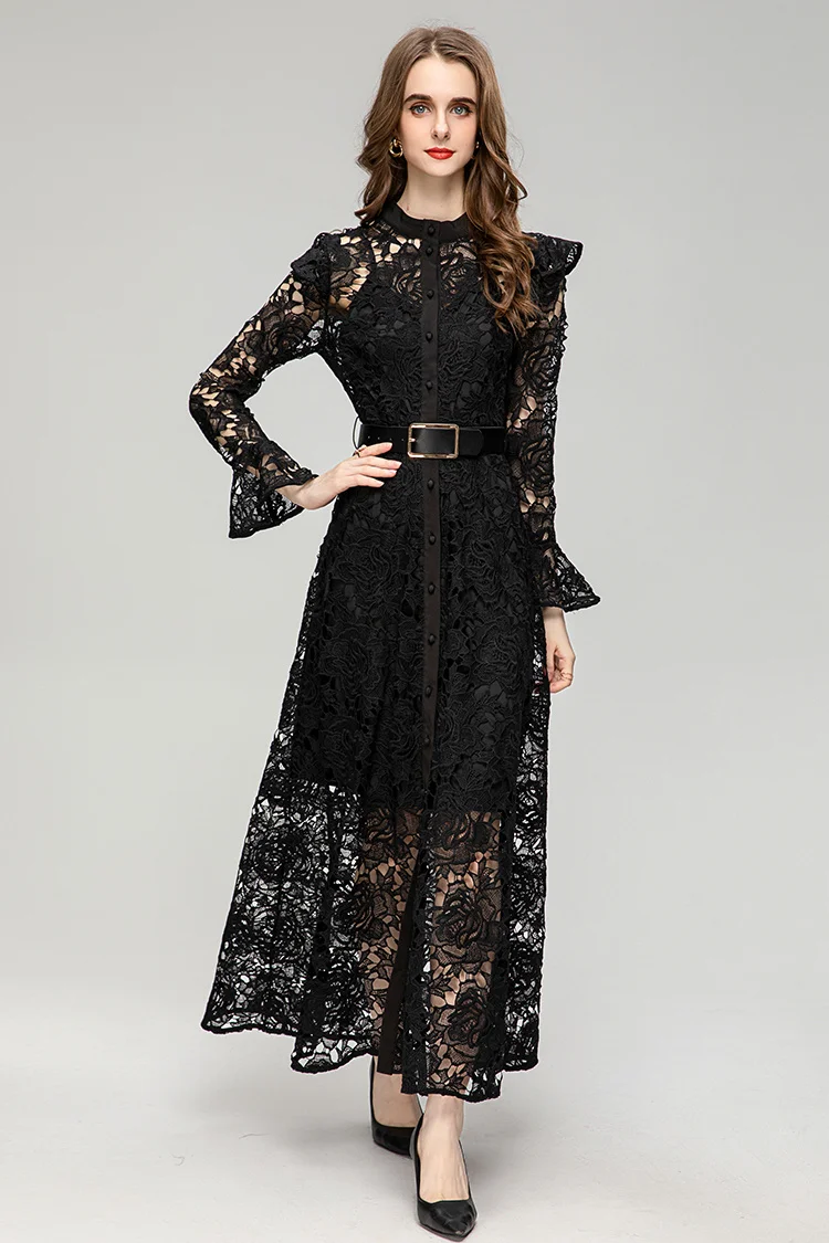 2023 Fashion Runway Summer Women's O-Neck Single Breasted Sashes Black Color Hollow Out Slim Vintage Lace Long Dress
2023 Fashion Runway Summer Women's O-Neck Single Breasted Sashes Black Color Hollow Out Slim Vintage Lace Long Dress