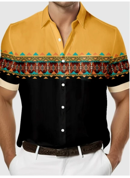 Breathable Short Sleeve Men's Hawaiian Shirt with Western Cowboy & Geometric Print | Machine Washable Regular Fit for Summer,
Breathable Short Sleeve Men's Hawaiian Shirt with Western Cowboy & Geometric Print | Machine Washable Regular Fit for Summer,