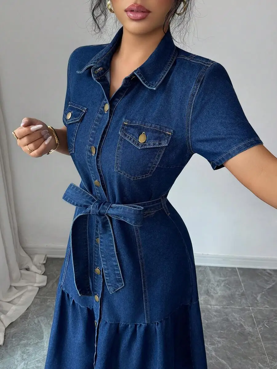 Classic Blue Denim Shirt Dress With Short Sleeves, Collar, Front Buttons, And Self-Tie Belt For Effortless Summer Chic
Classic Blue Denim Shirt Dress With Short Sleeves, Collar, Front Buttons, And Self-Tie Belt For Effortless Summer Chic