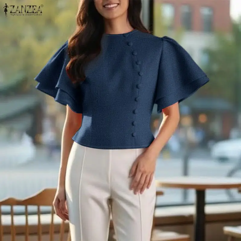 Женская блузка ZANZEA, модная рубашка с коротким рукавом и рюшами, летняя повседневная свободная однотонная блузка, уличная одежда, элегантная офисная блузка для женщин
Женская блузка ZANZEA, модная рубашка с коротким рукавом и рюшами, летняя повседневная свободная однотонная блузка, уличная одежда, элегантная офисная блузка для женщин