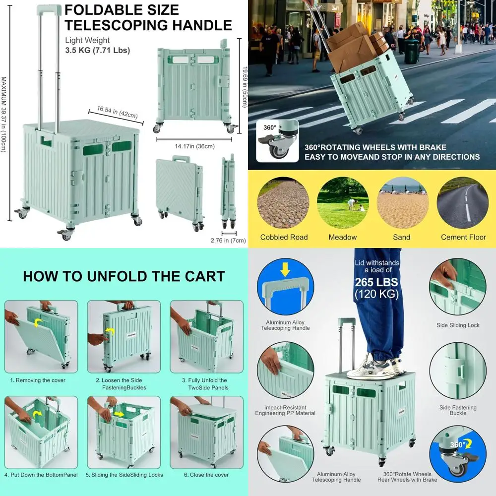 Portable Folding Utility Cart with Lid and 4 Swivel Wheels for Grocery, Office, and Travel (Green)
Portable Folding Utility Cart with Lid and 4 Swivel Wheels for Grocery, Office, and Travel (Green)