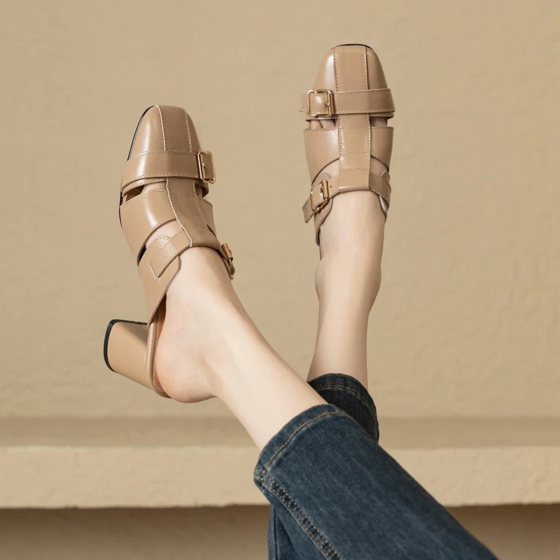 Women's new summer leather cowhide hollow breathable high heels with metal belt buckle, Mueller shoes, fashion slippers
Women's new summer leather cowhide hollow breathable high heels with metal belt buckle, Mueller shoes, fashion slippers