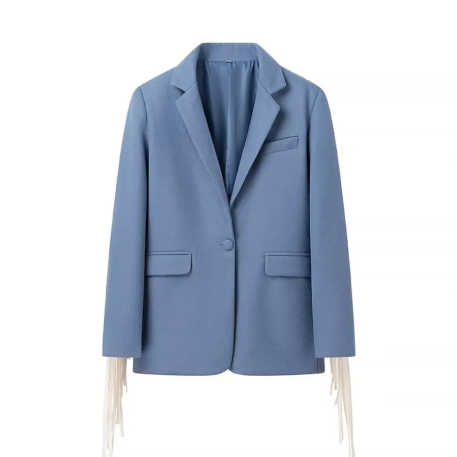 Tassel Suits Jacket Imitation Denim Flip Collar Single Button Commute Elegant Loose Casual Vintage Street Fringe Suit Top Women
Tassel Suits Jacket Imitation Denim Flip Collar Single Button Commute Elegant Loose Casual Vintage Street Fringe Suit Top Women