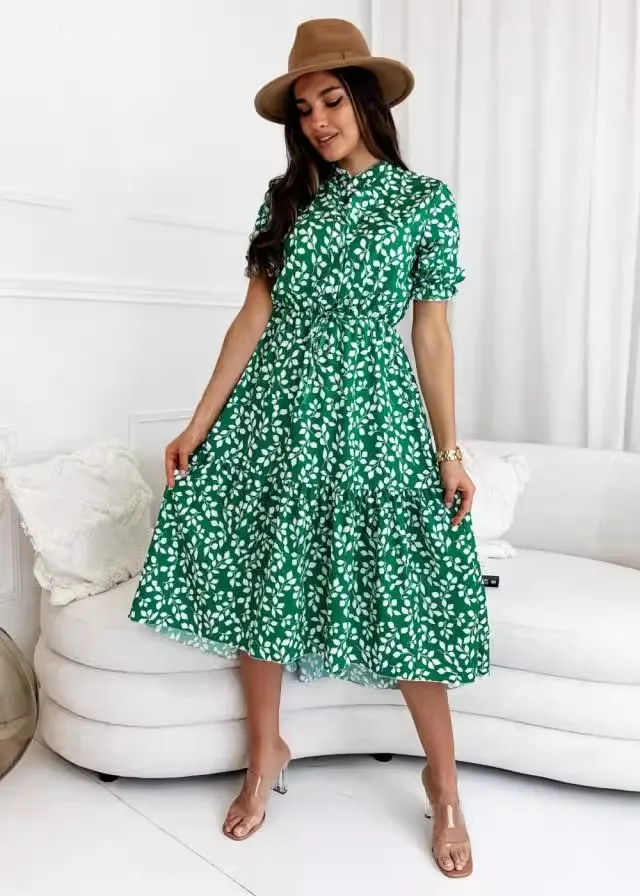 Women's short sleeved printed waist cinching large hem dress with stylish and versatile style for commuting loose fitting
Women's short sleeved printed waist cinching large hem dress with stylish and versatile style for commuting loose fitting