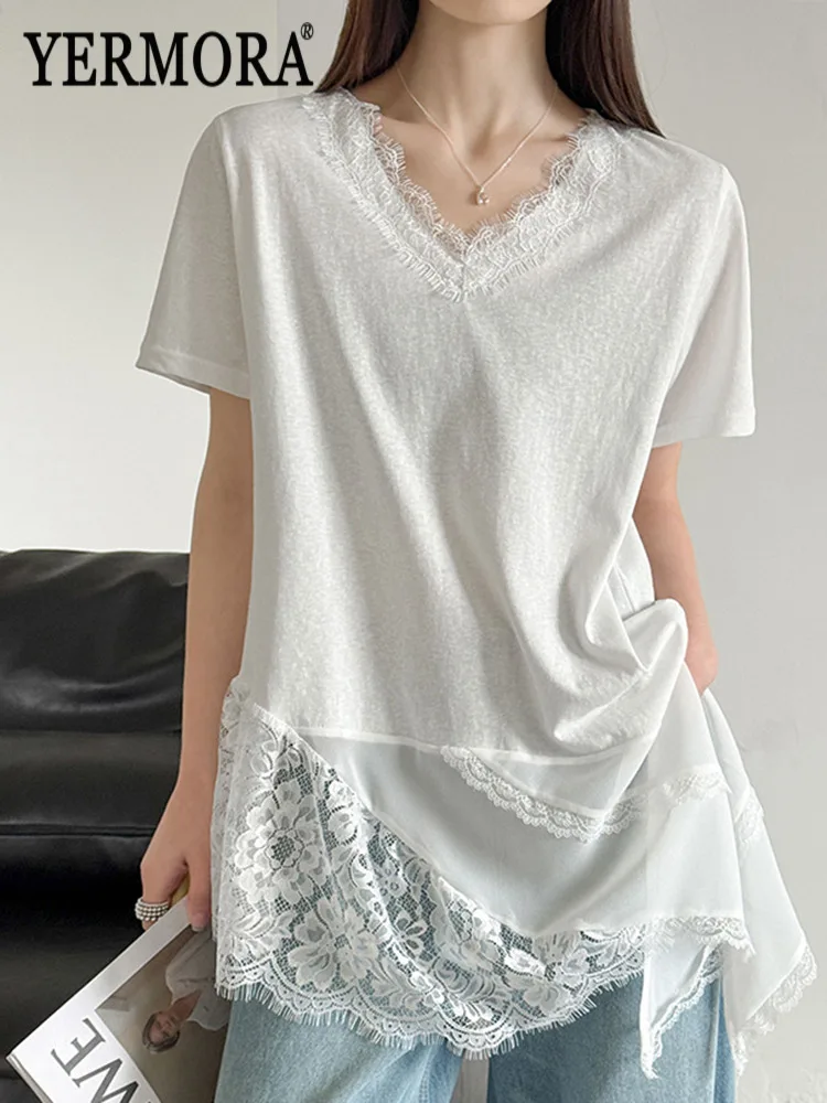 YERMORA White Irregular Hem Spliced Lace Casual Vest For Women V-Neck Short Sleeve Loose New Tops Fashion Spring Summer 2026
YERMORA White Irregular Hem Spliced Lace Casual Vest For Women V-Neck Short Sleeve Loose New Tops Fashion Spring Summer 2026