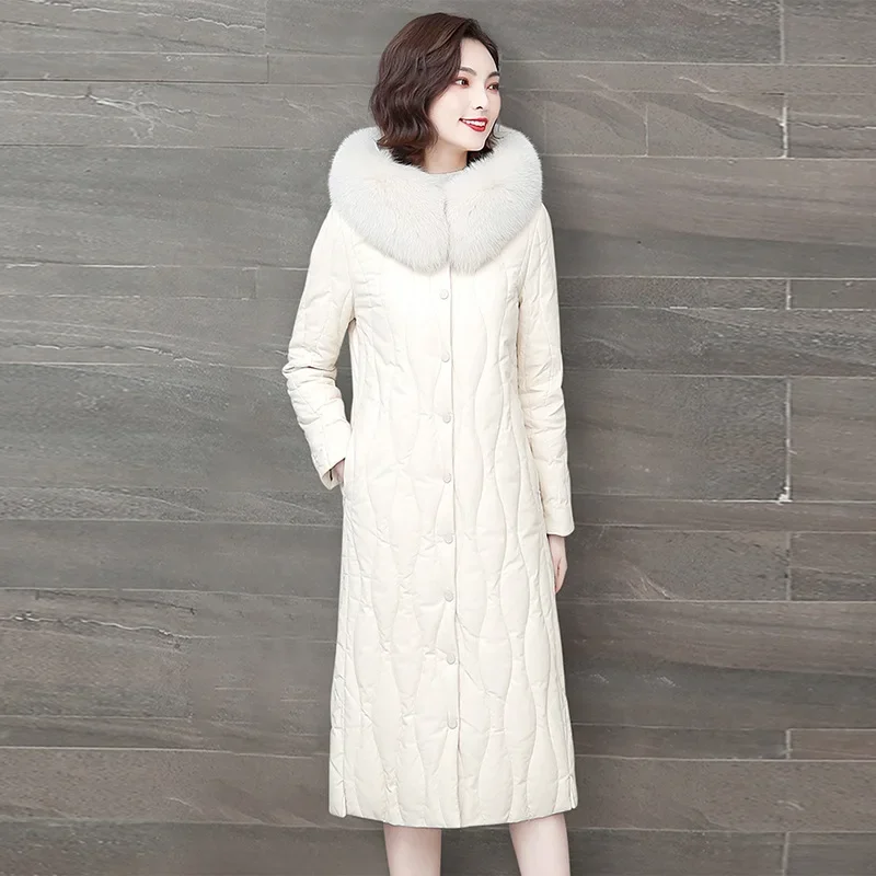 Womens Leather Jacket Hooded Fox Fur Collar Winter White Duck Down Jackets for Women 2023 Elegant Down Coats Mid-length Parkas
Womens Leather Jacket Hooded Fox Fur Collar Winter White Duck Down Jackets for Women 2023 Elegant Down Coats Mid-length Parkas