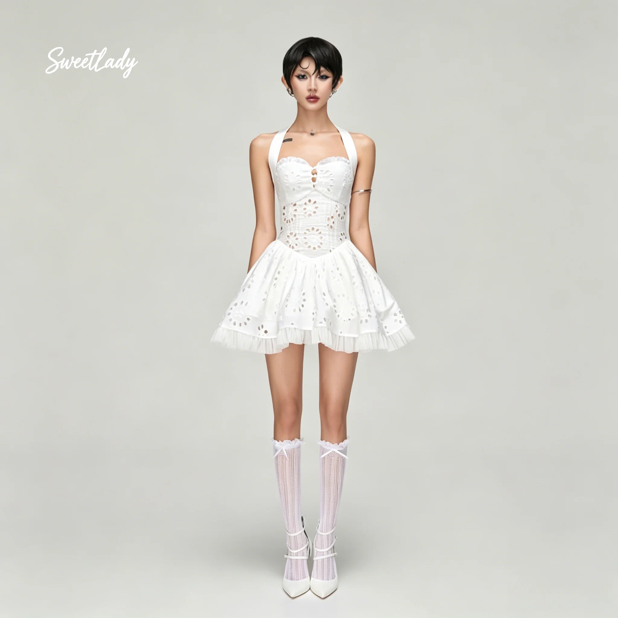 Sweetlady White Halter Eyelet Corset Mini Dress, Ruffle Hem A Line Bodycon Short Dress for Homecoming Cocktail Party
Sweetlady White Halter Eyelet Corset Mini Dress, Ruffle Hem A Line Bodycon Short Dress for Homecoming Cocktail Party