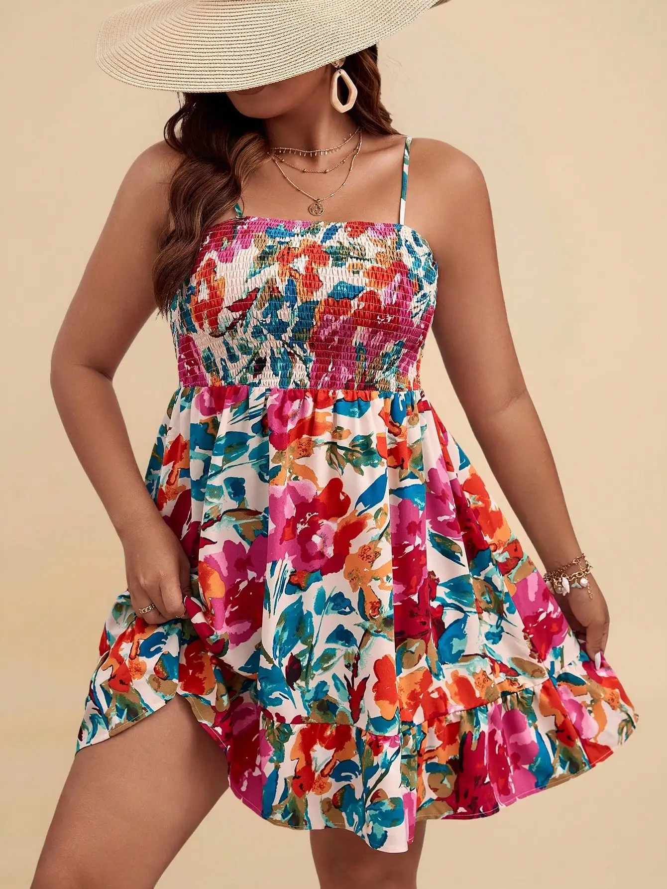 Floral Print Smocked Cami Dress with Ruffle Hem and Spaghetti Straps
Floral Print Smocked Cami Dress with Ruffle Hem and Spaghetti Straps