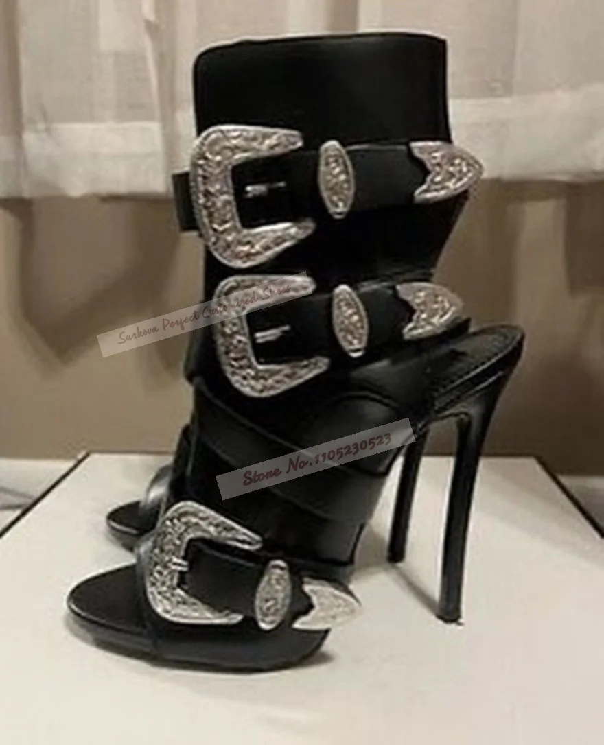 Retro Style Silver Metal Buckles High Heel Sandals Women Black Matte Belt Straps Sandal Booties Stiletto Heels Exposed Heels
Retro Style Silver Metal Buckles High Heel Sandals Women Black Matte Belt Straps Sandal Booties Stiletto Heels Exposed Heels