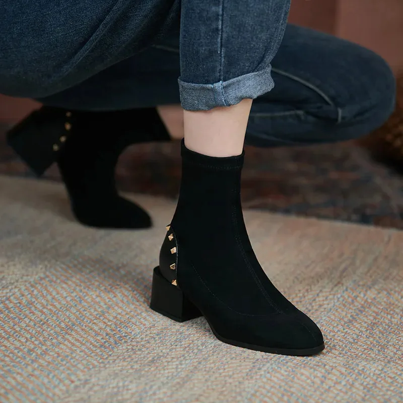 Women Black Spring Autumn Ankle Boots Stretch Square Heels Round Toe Fashion Rivets Slip On Sewing Boots Plus Ladies Size 32 43
Women Black Spring Autumn Ankle Boots Stretch Square Heels Round Toe Fashion Rivets Slip On Sewing Boots Plus Ladies Size 32 43