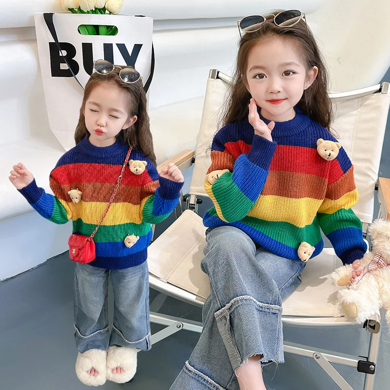 Girls rainbow bear sweater spring and autumn 2024 new fashion children's knitted bottom striped top
Girls rainbow bear sweater spring and autumn 2024 new fashion children's knitted bottom striped top