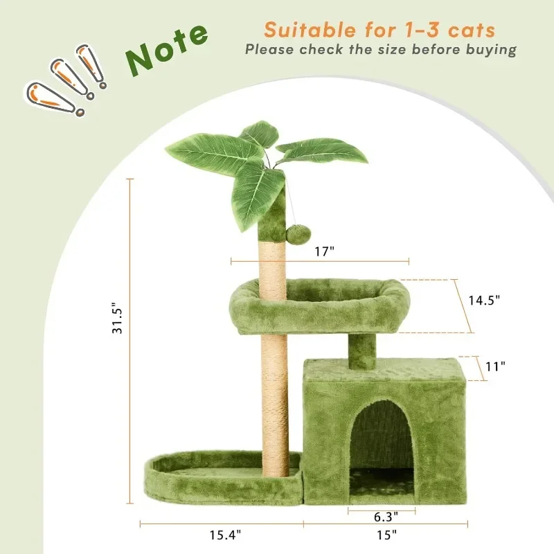 31.5" Cat Tree/Tower for Indoor Cats with Green Leaves, Cat Condo Cozy Plush Cat House with Hang Ball and Leaf Shape Design
31.5" Cat Tree/Tower for Indoor Cats with Green Leaves, Cat Condo Cozy Plush Cat House with Hang Ball and Leaf Shape Design